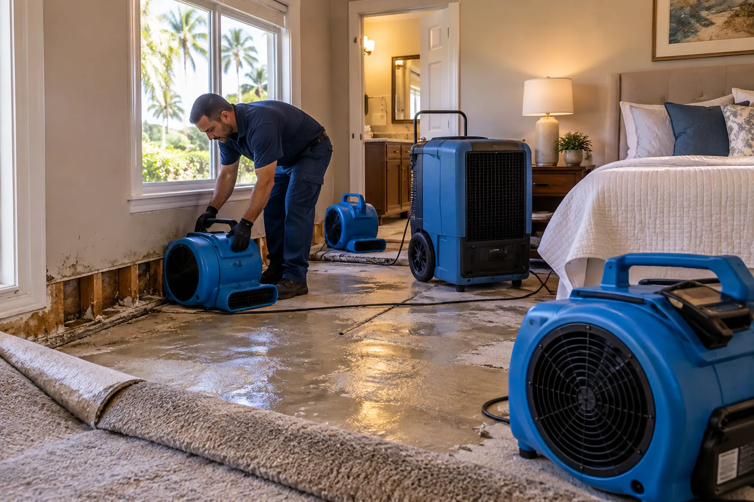 Professional structural drying equipment in a water damaged room