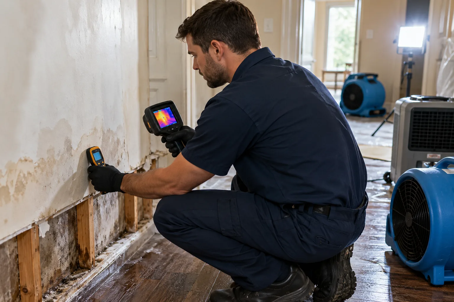 Technician using moisture meter and thermal camera during restoration inspection