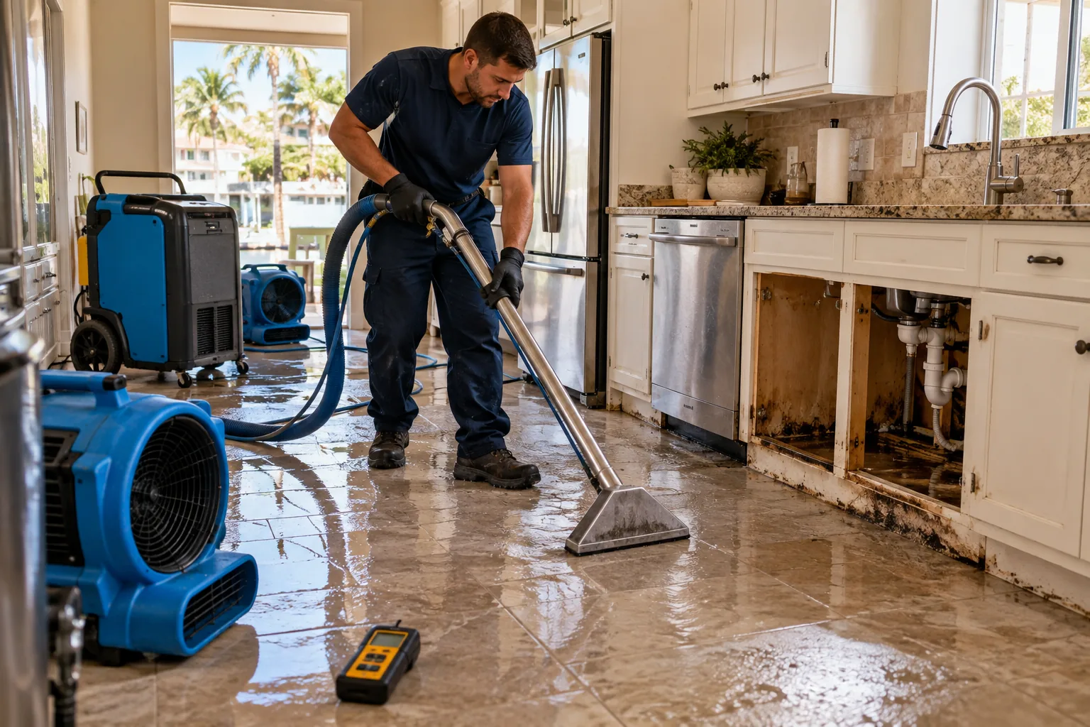 Water damage restoration scene in a Florida-style kitchen